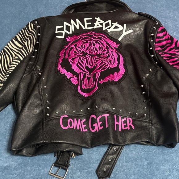 Azalea Wang Black Studded Leather Jacket with Pink and Zebra Sleeves - Picture 7 of 7